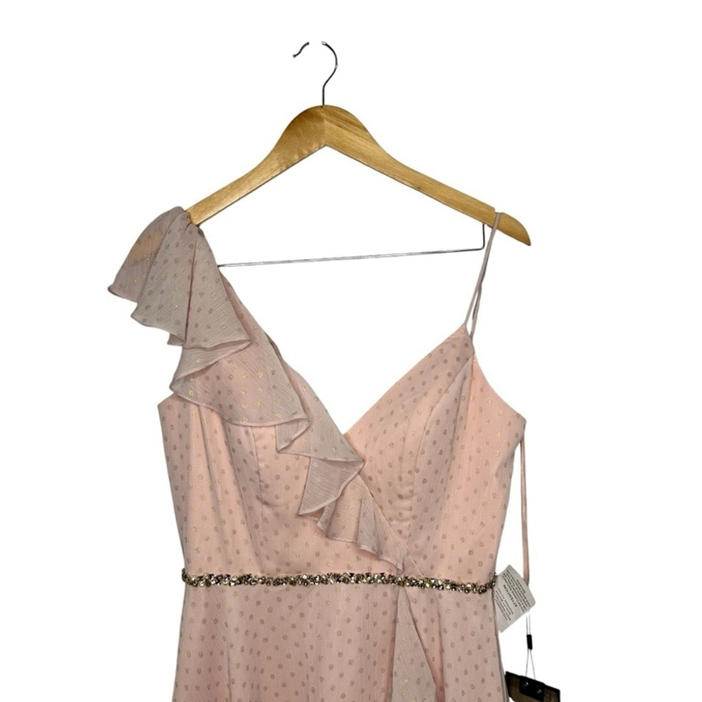 MAC DUGGAL Pink Salmon Polka Dot Asymmetrical Ruffle Formal Maxi Gown Size 8 - Picture 4 of 16